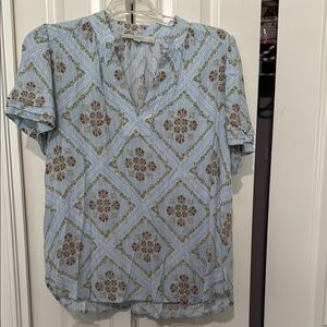 LOFT Blue Buttoned Blouse with Mandarin Collar